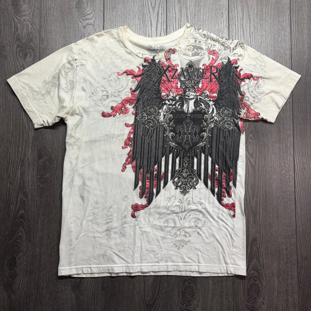 Xzavier Mens Y2K Graphic T-Shirt Cream Red Black Wings Fleur De Lis Large USA